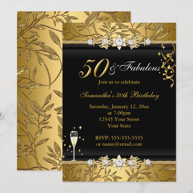 Invitación Hoja de joyas de oro 50 Fabuloso cumpleaños negro (Anverso / Reverso)