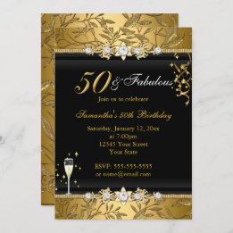 Invitación Hoja de joyas de oro 50 Fabuloso cumpleaños negro