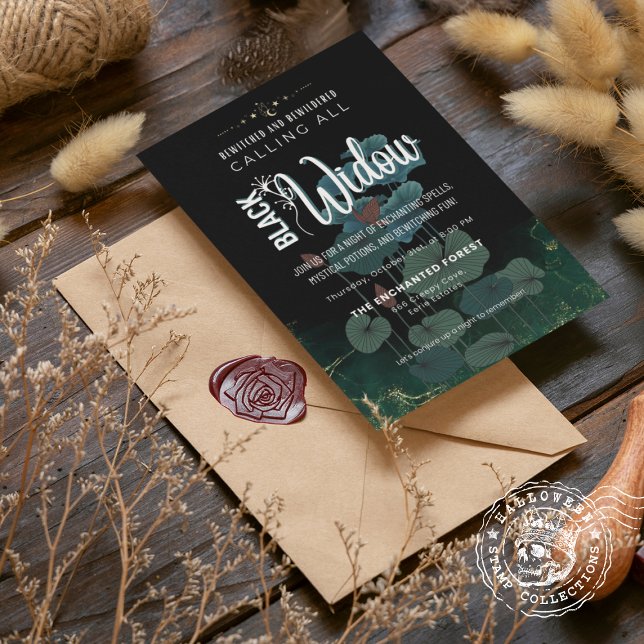 Invitación Hoja de Lotus con viudas negras y desconcertadas (Black Widow Bewitched and Bewildered Lotus Leaf Invitation cover from The Beekeeper Store)