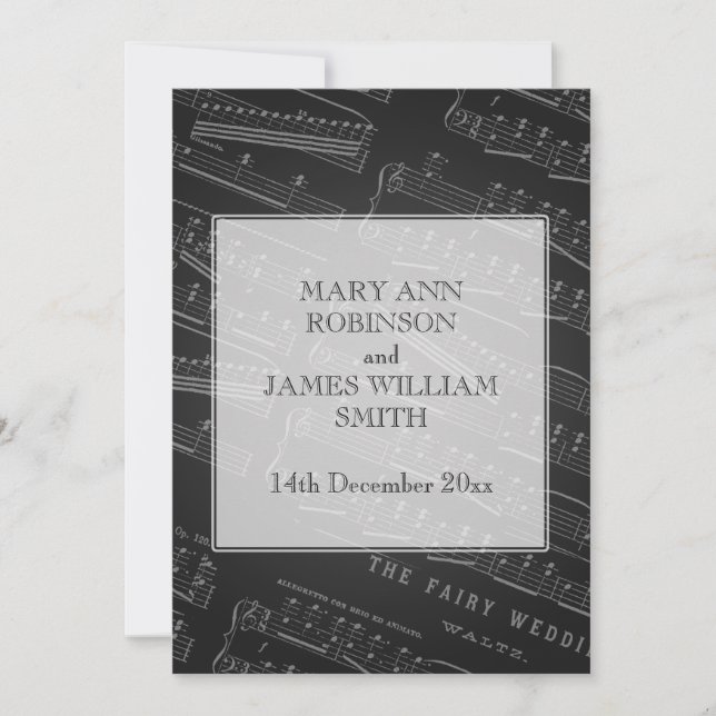 Invitación Hoja de matrimonio elegante negro música (Anverso)