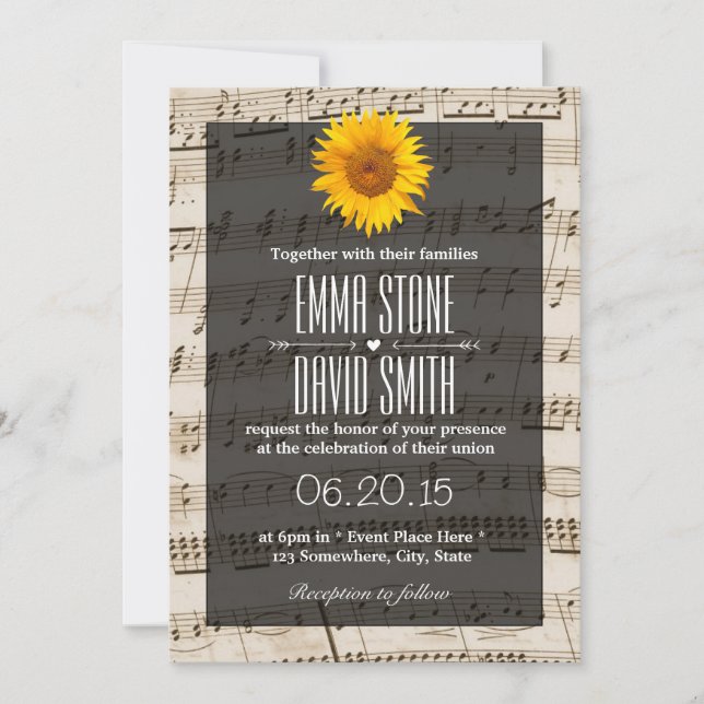 Invitación Hoja de Música Vintage Girasoles Boda (Anverso)