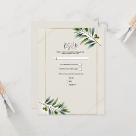 Invitación Hoja de Olivo Verde Hueso Blanco y Dorado Rústico