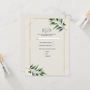 Invitación Hoja de Olivo Verde Hueso Blanco y Dorado Rústico 