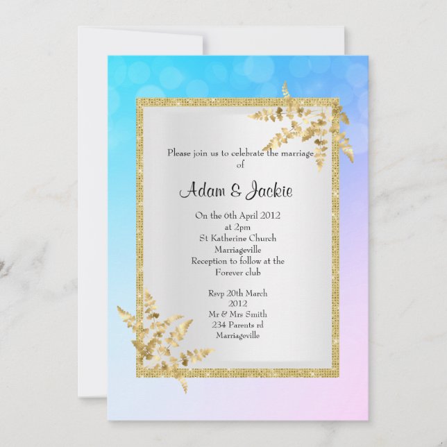 Invitación Hoja de oro azul pastel de plata ELEGANT WEDDING (Anverso)