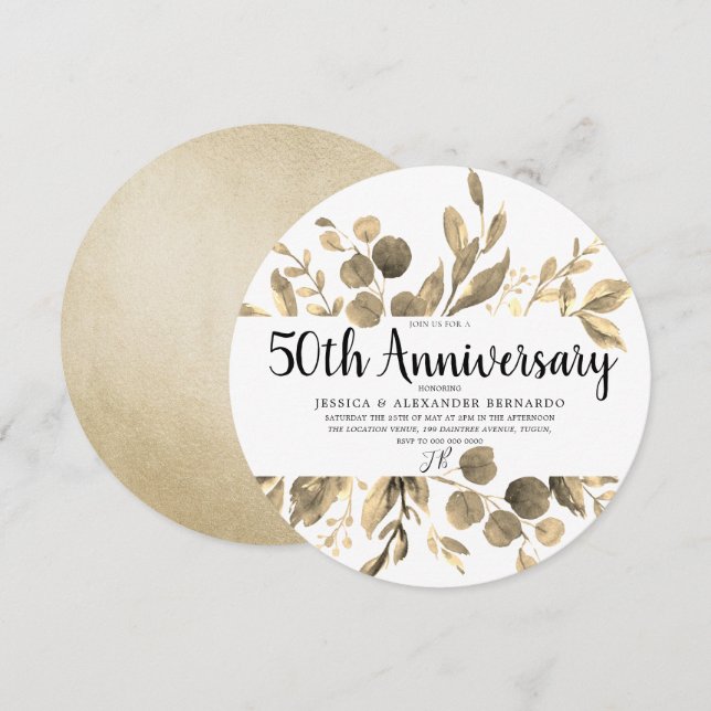 Invitación Hoja de Oro Elegante 50 Aniversario del Boda Moder (Anverso / Reverso)