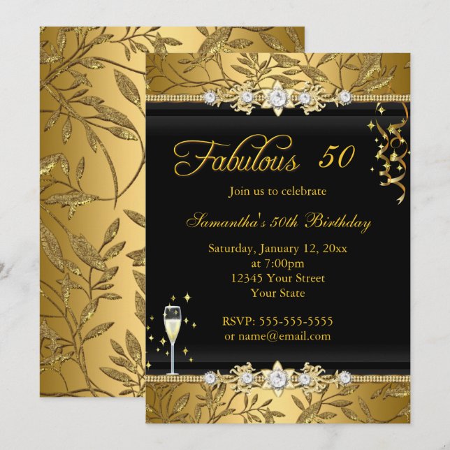 Invitación Hoja de Oro Falso 50 Cumpleaños Fabuloso Fiesta Ne (Anverso / Reverso)