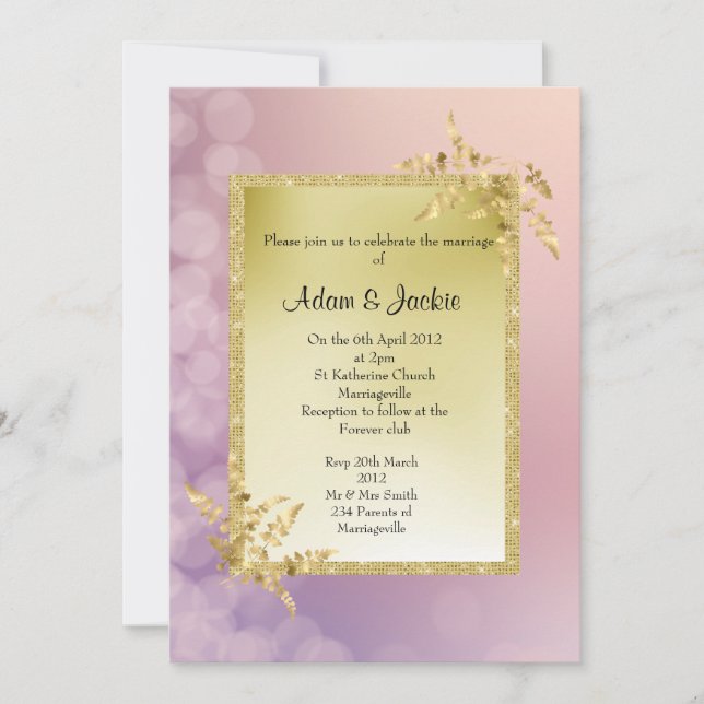 Invitación Hoja de oro rosa púrpura pastel ELEGANTE BODA (Anverso)
