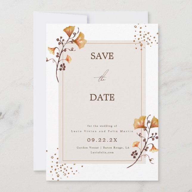 Invitación Hoja de otoño dorada elegante  Guarde la fecha (Anverso)