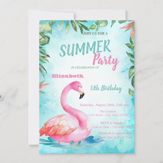 Invitación Hoja de Palma,Cumpleaños de Lindos Flamencos  (Anverso)