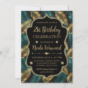 Invitación Hoja de Palma Elegante Negra Cumpleaños Dorado Ver