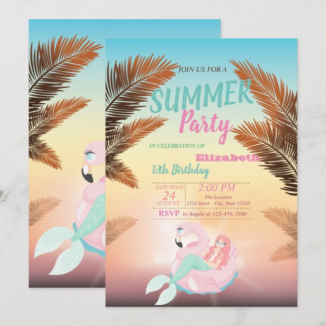 Invitación Hoja de Palma, Fiesta de Cumpleaños de Sirena (Anverso / Reverso)