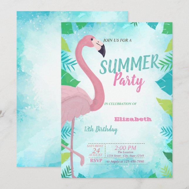 Invitación Hoja de Palma, Flamenco Rosa, Fiesta de Cumpleaños (Anverso / Reverso)