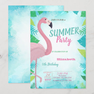 Invitación Hoja de Palma, Flamenco Rosa, Fiesta de Cumpleaños