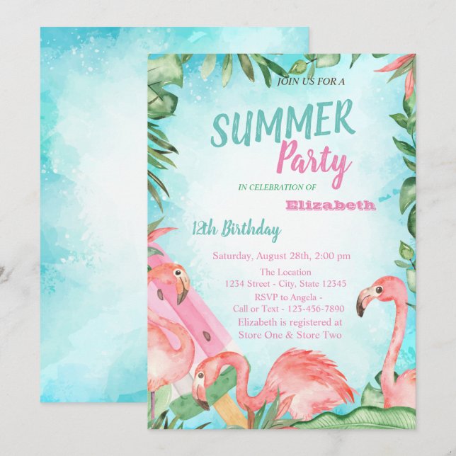 Invitación Hoja de Palma, Flamencos, Cumpleaños de Helado   (Anverso / Reverso)