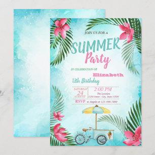 Invitación Hoja de Palma,Flores,Bicicleta de Helado Fiesta de