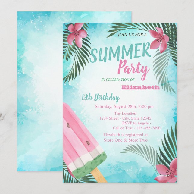 Invitación Hoja de Palma, Flores, Crema de Hielo Fiesta de Cu (Anverso / Reverso)