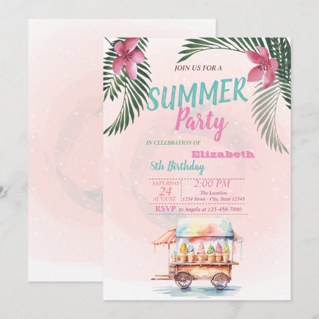 Invitación Hoja de Palma, Flores, Cumpleaños de Helados Fiest (Anverso / Reverso)