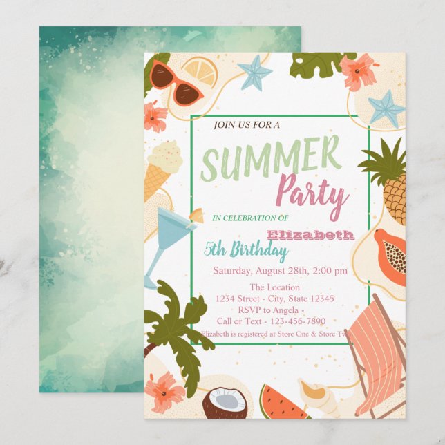 Invitación Hoja de Palma, Flores,Frutas Cumpleaños de Verano  (Anverso / Reverso)