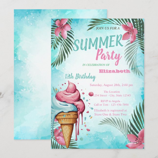 Invitación Hoja de Palma, Flores, Helado Goteando Cumpleaños (Anverso / Reverso)