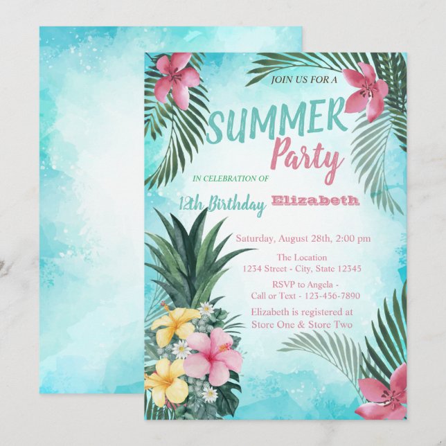 Invitación Hoja de Palma, Flores Piña Fiesta de Cumpleaños (Anverso / Reverso)