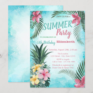 Invitación Hoja de Palma, Flores Piña Fiesta de Cumpleaños