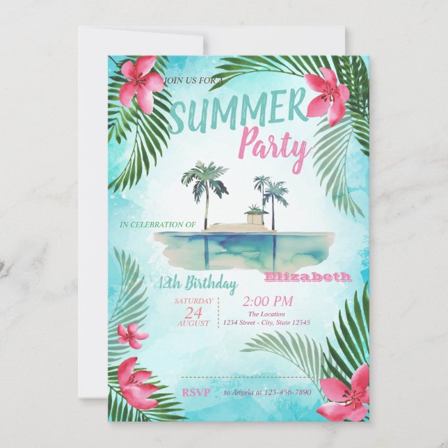 Invitación Hoja de Palma, Flores Tropicales, Fiesta de Cumple (Anverso)