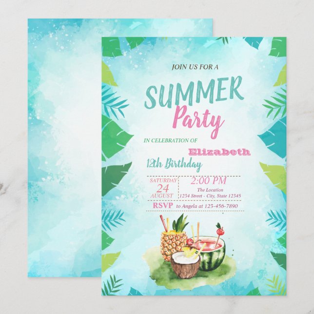 Invitación Hoja de Palma, Frutas Tropicales, Fiesta de Cumple (Anverso / Reverso)
