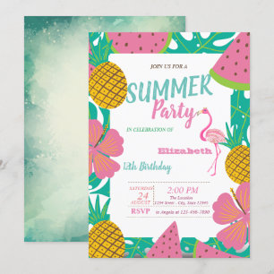 Invitación Hoja de Palma,Frutas Tropicales Flamenco Rosa Cump