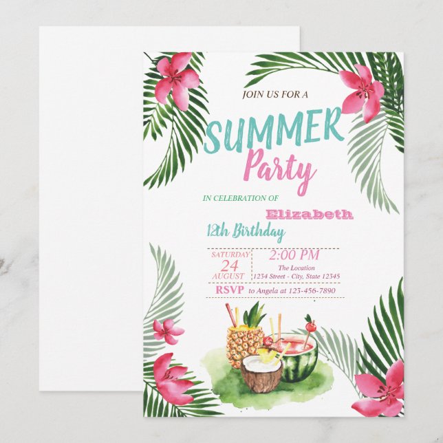 Invitación Hoja de Palma,Frutas Tropicales, Flores  Fiesta de (Anverso / Reverso)