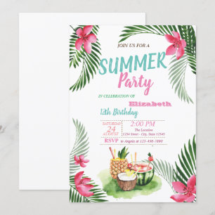 Invitación Hoja de Palma,Frutas Tropicales, Flores Fiesta de