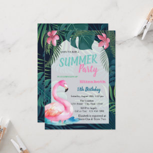 Invitación Hoja de Palma Tropical, Flamencos Rosados Cumpleañ