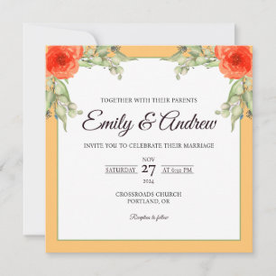 Invitación Hoja de Rosa Naranja Floral Acuarela Cuadrada Boda