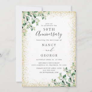Invitación Hoja de verde de marco dorado 50 aniversario Boda