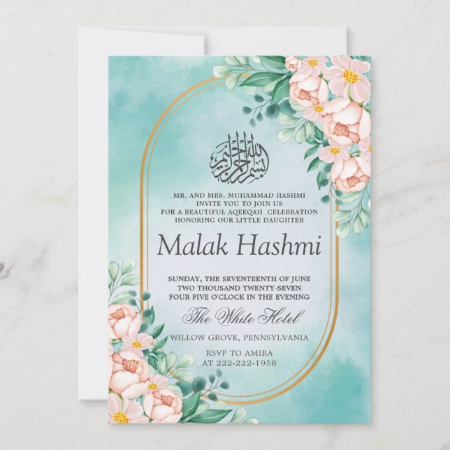 Invitación Hoja floral moderna azul Aqiqa Aqeeqa Bebé (Anverso)