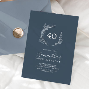 Invitación Hoja mínima   40º cumpleaños de Slate Blue