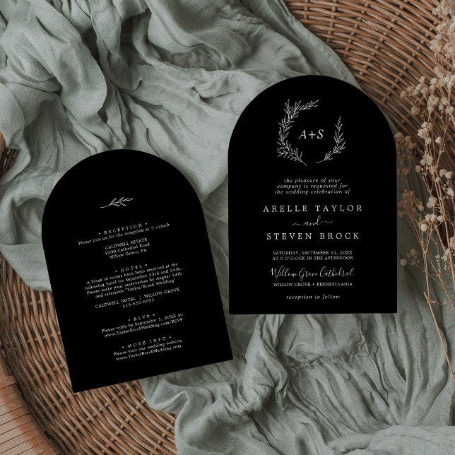 Invitación Hoja mínima | Arco Negro Oscuro Todo En Un Boda (Minimal Leaf | Dark Black Arch All In One Wedding Invitation)
