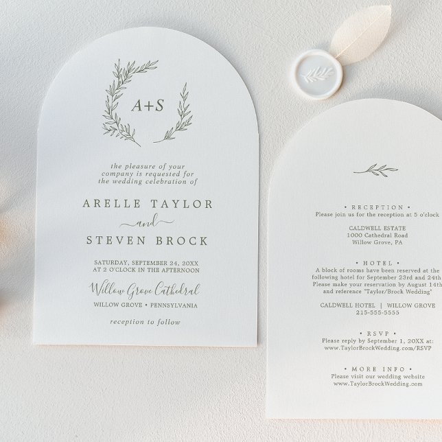 Invitación Hoja mínima | Arco Verde De Oliva Todo En Un Boda (Minimal Leaf | Olive Green Arch All In One Wedding Invitation)