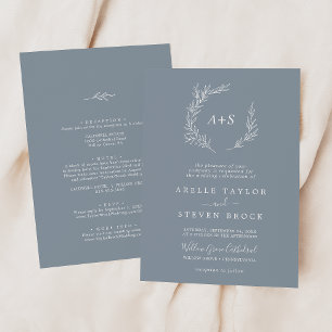 Invitación Hoja mínima   Azul y Blanco Todo En Un Boda