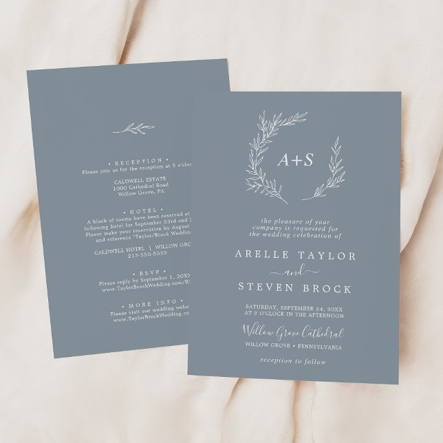 Invitación Hoja mínima | Azul y Blanco Todo En Un Boda (Subido por el creador)