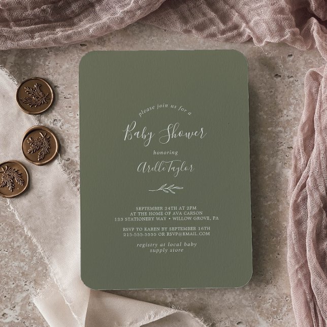 Invitación Hoja mínima | Baby Shower verde oscuro (Subido por el creador)