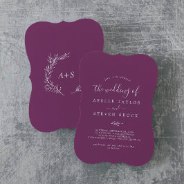 Invitación Hoja mínima | Berry Purple Monogram Back Boda