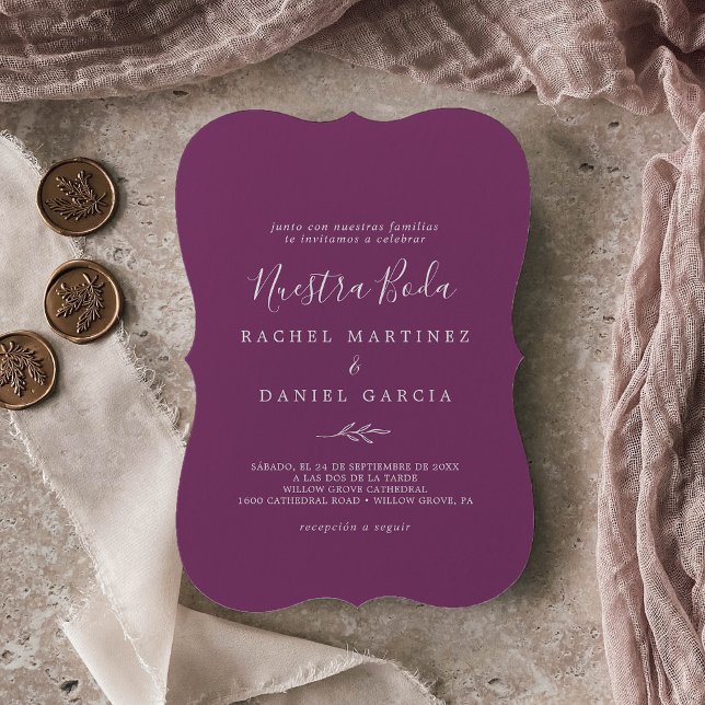 Invitación Hoja mínima | Berry Purple Spanish Nuestra Boda (Subido por el creador)