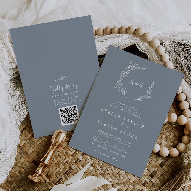 Invitación Hoja mínima | Boda de código QR azul y blanco (Subido por el creador)