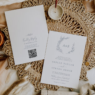Invitación Hoja mínima Boda de código QR de monograma azul