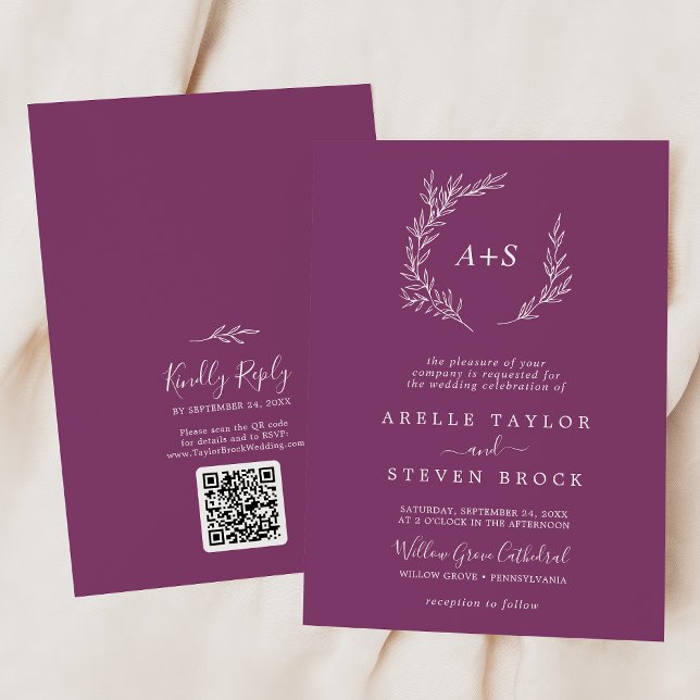 Invitación Hoja mínima | Boda de código QR de monograma de Be (Subido por el creador)