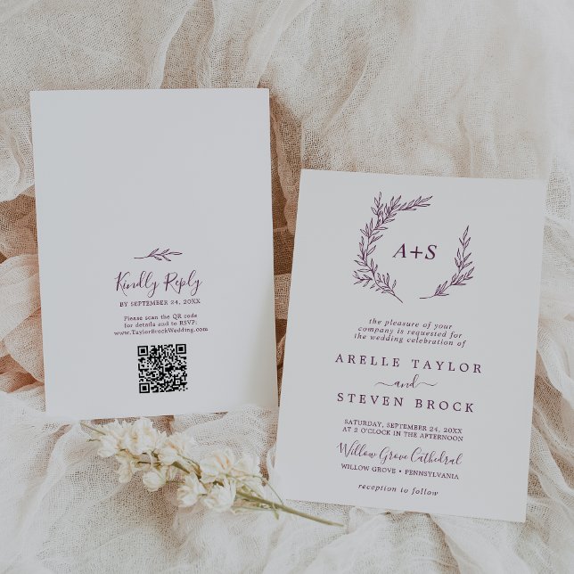 Invitación Hoja mínima | Boda de código QR de monograma de be (Subido por el creador)