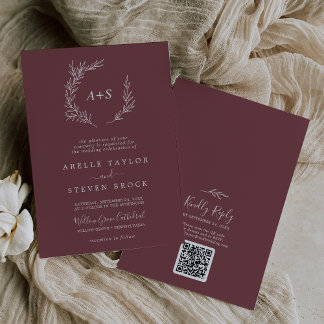 Invitación Hoja mínima | Boda de código QR de monograma de Bo