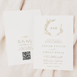 Invitación Hoja mínima | Boda de código QR de monograma dorad