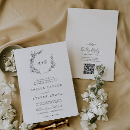 Invitación Hoja mínima | Boda de código QR de monograma gris 