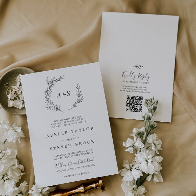 Invitación Hoja mínima | Boda de código QR de monograma gris  (Subido por el creador)